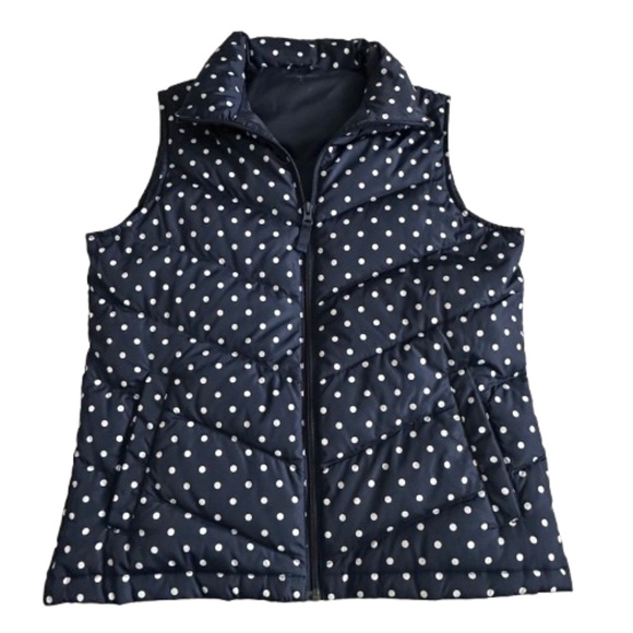 Lands' End Women' S Navy Dark Blue with White Polkadots Zip Up Down Puffer Vest - Picture 2 of 10